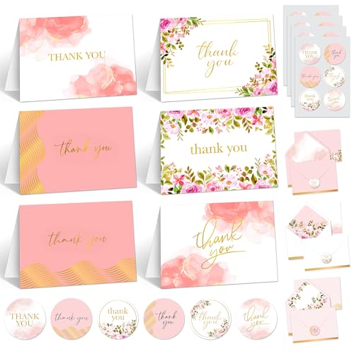 Decorably 24 Pack Gold-Foiled 6x4in Pink Thank You Cards with Envelopes and Stickers, 6 Elegant Designs Thank You Cards with Envelopes Pink, Blank Inside - Bridal Shower, Baby Shower
