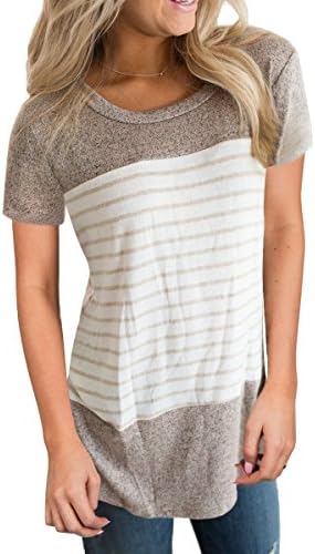 Vemvan Womens Short Sleeve Round Neck T Shirts Color Block Striped Causal Blouses Tops
