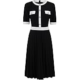 Hobemty Women's Short Sleeve Pleated Dress 2025 Trendy Contrast Color Casual Work A-Line Midi Dresses
