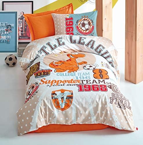 OZINCI 100% Cotton Dinosaur Bedding Set, Football Soccer Player Dinosaur Themed Single/Twin Size Duvet Cover Set, Beige, Boys Bed Set, Comforter Included (4 Pieces)