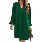 Wkior Fall Dresses for Women Cute V Neck Loose Cute Casual Long Sleeve Shift Dress Dark Green M
