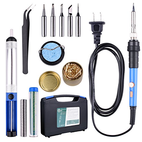 KINCREA Soldering Iron Kit Electronics with ON/OFF Switch and Adjustable Temp, Welding Tool Soldering Gun with 5 Soldering Tips, Desoldering Pump, Metal Stand with Sponge, Solder Wire, ESD Tweezers