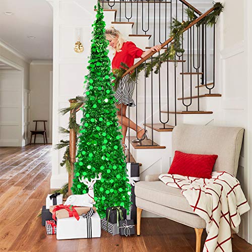 MACTING 6ft Pop up Christmas Tinsel Tree with Stand Easy-Assembly Tinsel Coastal Glittery Christmas Tree for Holiday Xmas Decorations(6FT Green)