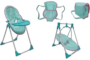 KOOKAMUNGA KIDS 5 in 1 Baby Doll High Chair Playset - Baby Doll Accessories - Baby Doll Playset w/Feeding Tray Transforms Into a Doll Carrier, Doll Swing w/Changing Bag and Back/Front Doll Carrier