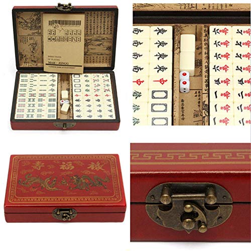 Bestmemories 144 PCS Travel Mahjong Portable Mah-jongg with Archaistic Leather Box and Manual in English for Home Party Gaming (Random Pattern of Box Delivery)