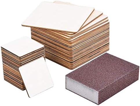 48 Pcs Unfinished Wood Cutout Pieces, Wood Burning Projects Wood Squares Slices Wood Cutouts with Sanding Sponge for DIY Arts Craft Project, Decoration,Pyrography, Painting, Writing, Photo Props