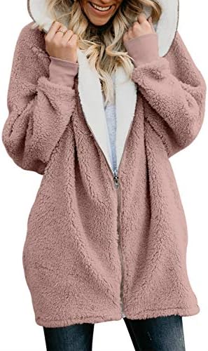 FIYOTE Womens Solid Oversized Zipper Hooded Fluffy Cardigan Coat Outwear with Pocket