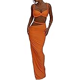 SHINFY Womens Summer Two Piece Maxi Skirt Sets Sexy Corset Top Ruched Long Skirt Beach Dress 2 Piece Club Outfits