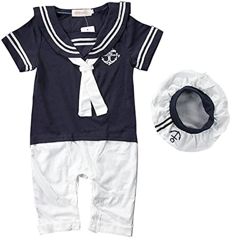 Carrillos Baby Anchor Sailor Navy Striped Romper &amp;Hat Outfit,Navy,18-24M,Tag:95
