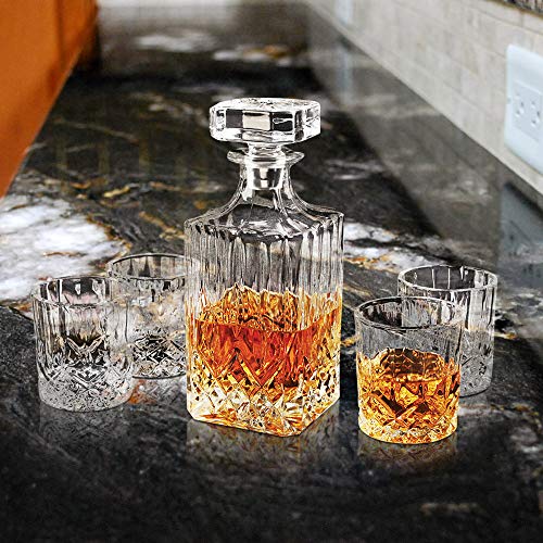 5 Piece Decanter Set - Heavy Based Old Fashioned Irish Cut Glassware for Whiskey, Scotch, Juice - Ideal for Dinner, Parties, and Special Events