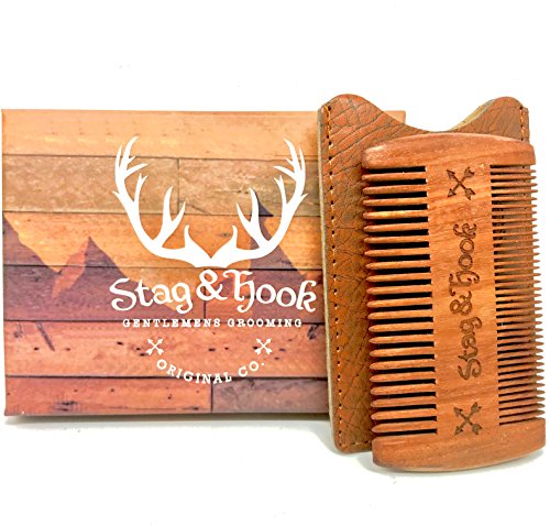 Wooden Beard Comb & Leather case - Perfect for Oils & balms - Sandalwood Scent, Fine/Coarse Tooth by Stag & Hook Original Co.