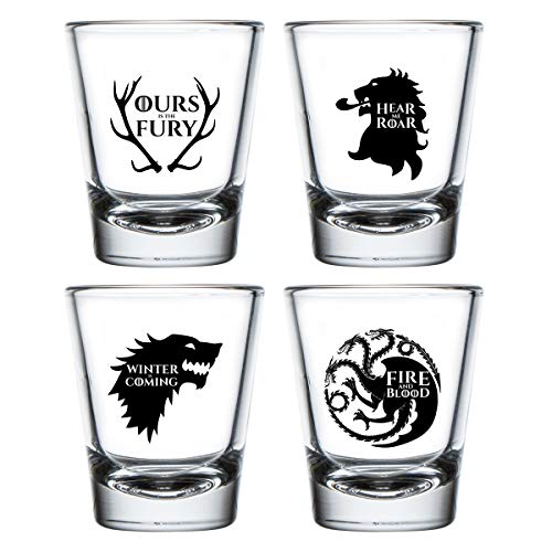 Game of Thrones Inspired Shot Glasses Set of 4 (1.75 oz)- Royal House of Westeros Sigils Stark, Bratheon, Lannister, Targaryen- Gift for Dad, Men, Friends, Him or GOT Fan- Made in USA- Fun Watch Party