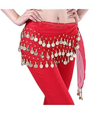 Women Chiffon Dangling 3 Rows Gold Coins Hip Scarf Wrap Belt for Belly Dancing