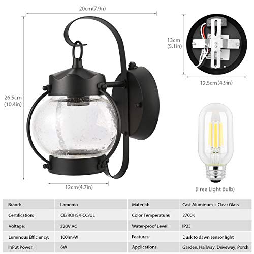 Dusk to Dawn Sensor Wall Lantern Outdoor Light Fixture Black Sconce Porch Light with E26 Base Socket, Anti-Rust Seeded Glass Waterproof Matte Black Wall Lamp for Garden, Garage