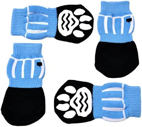 Posch Pet Socks for Small and Medium Breed Dogs. Anti-Slip Knit Socks with Traction Soles for Indoor Wear. Slip On Paw Protectors. Size S, Blue Stripe