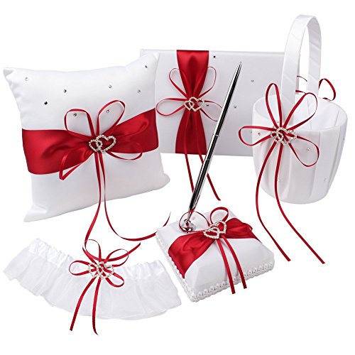 KANECH Wedding Pillow Set, Wedding Flower Basket and Ring Pillow, Red Satin - Thumbnail 6
