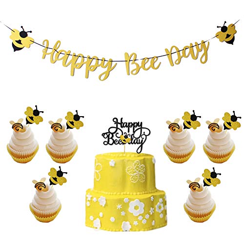Happy Bee Day Gold Banner Glitter Cake Topper Bumble Bee Cupcake