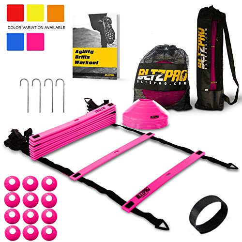 Bltzpro Agility Ladder Soccer Cones Kit- A Speed Training Equipment for Football and Team Sports Skills Practice. Ideal for Coaching and Conditioning Includes 2 Bags/4 stakes/24 Agility Drills eBook