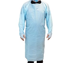 10 Pack Blue CPE Coat Aprons 35" x 45". Disposable Polyethylene Aprons. Unisex Liquid-Proof Workwear. Protective Uniform Aprons for Men, Women. Die Cut Ties with Thumb Hole. Lightweight, Breathable.