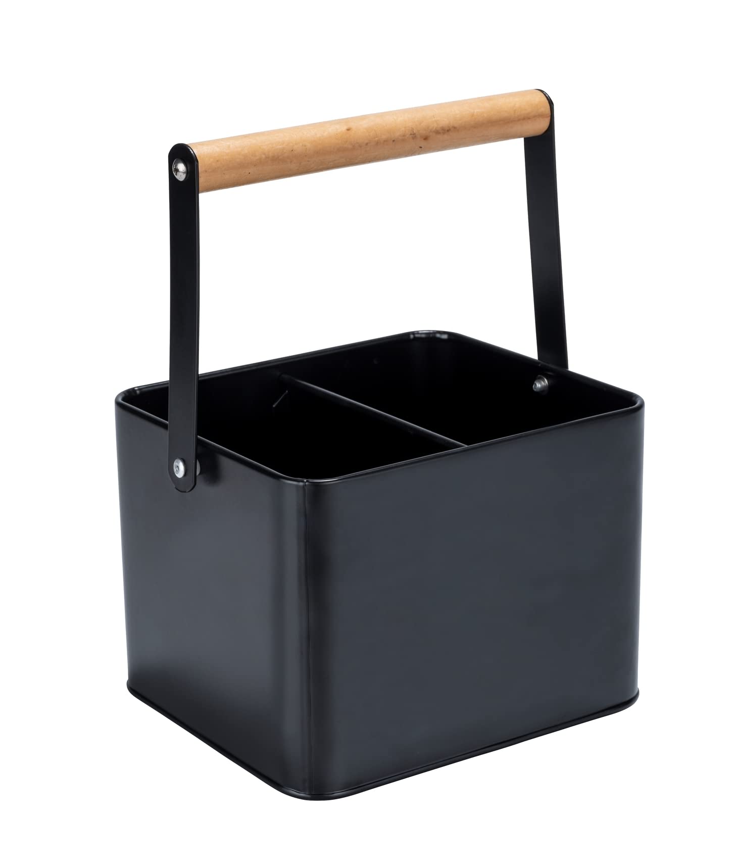WENKO Baco utensil storage basket, black outdoor kitchen accessory, robust basket made of powder-coated black metal with flexible wooden handle, perfect for transporting sauces, 18 x 25.5 x 15 cm