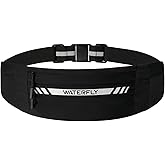 WATERFLY Running Belt Fanny Pack: Slim Breathable 4 Pocket Waist Bag for Men Women Sport Workout Exercise Fitness Phone Holder - Runner Marathon Jogging Waistband Fits ALL Phones Black