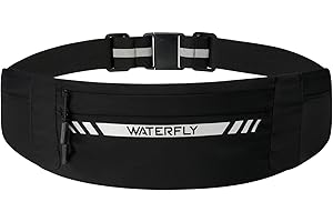 WATERFLY Running Belt Fanny Pack: Slim Breathable 4 Pocket Waist Bag for Men Women Sport Workout Exercise Fitness Phone Holder - Runner Marathon Jogging Waistband Fits ALL Phones Black