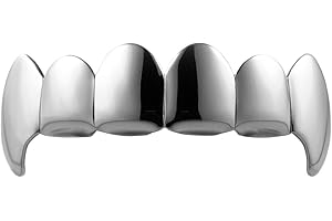 NIV'S BLING | 18k Yellow, Silver, and Rose Gold-Plated Stainless Steel Vampire Fang Teeth Grillz | Men and Women Fashion Halloween Jewelry | Top, Bottom, Set