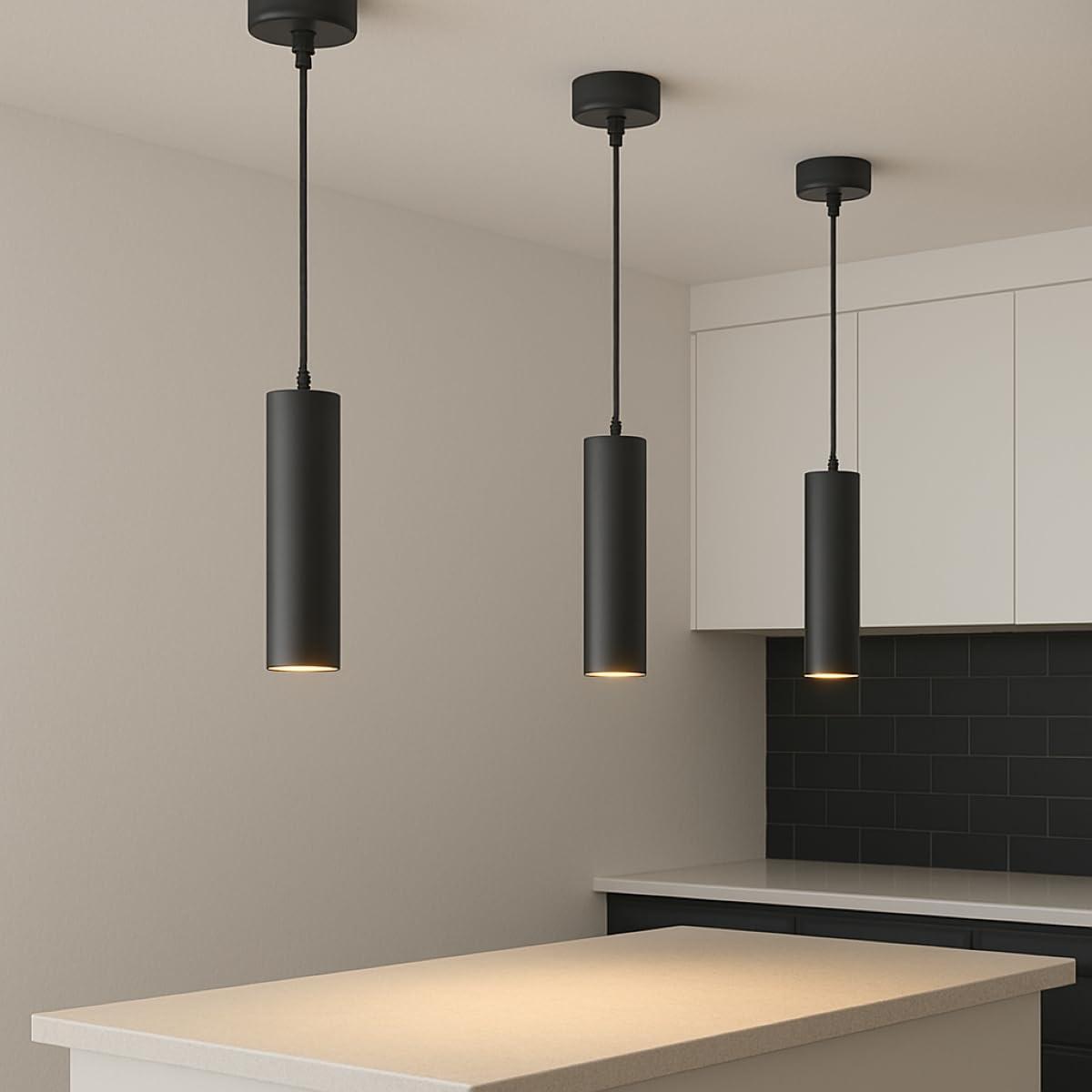 CGC Lighting Black Cylinder Tube Slim Short Small Pendant Suspended Ceiling Light Adjustable Modern Dining Room Kitchen Lounge Hallway Bedroom