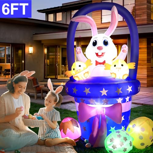 Easter Inflatable Bunny Outdoor Decorations, Blow Up Easter Rabbit with Basket, Chick & Colorful Eggs, Built-in LED Lights Yard Decoration for Indoor Outside (6FT Bunny with Basket)