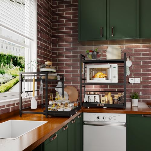 NETEL Extendable 3 Tier Microwave Stand, Adjustable Countertop Microwave Shelf, Kitchen Countertop, Microwave Organizer with Cup Holder and Storage Drawer, Black