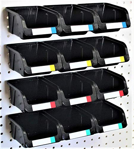 WallPeg Pegboard Bins - 12 Pack - Hooks to 1/4" or 3/16" Hole Peg Board - Organize Hardware, Accessories, Attachments, Workbench, Garage Storage, Craft Room, Tool Shed, Hobby Supplies (12 Black Bins)