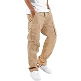 HUNGSON Mens Cargo Pants Drawstring Casual Hiking Pants Joggers Athletic Trousers Cotton Loose Straight Sweatpants for Men