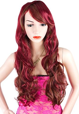 WELLKAGE Womens New Two Tone Long Wavy Highlight Hair Wig Multi-color Lolita Wigs (red/ blonde)