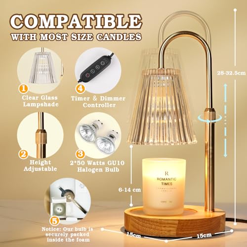 Funistree Candle Warmer Lamp with Timer & Dimmer, Height Adjustable Candle Warmer with 2 Bulbs, Birthday Gifts for Women Mum, New Home Gifts, Dimmable Candle Heater Lamp for Yankee Candles