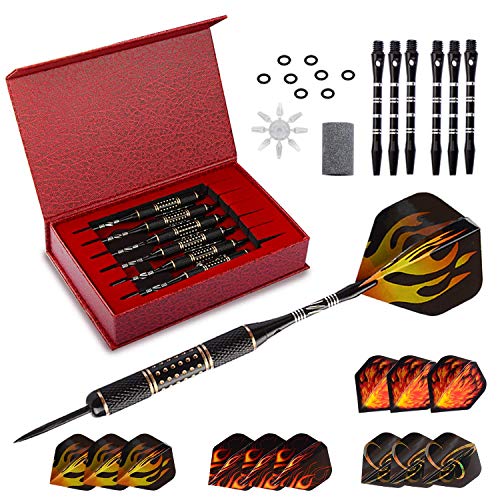 Migargle Professional Steel Tip Darts Set + 12 Dart Shafts Aluminum 2 Sizes + 6 Brass Barrels 26 Grams + 12 Flights + 4 Style Flights + Darts Sharpener +Darts Tool and Case
