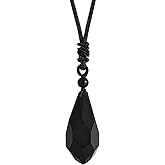 MINACHI Black Obsidian Faceted Teardrop Crystal Pendant Necklace with Braided Cord, Protective Amulet Jewelry Gift for Men and Women