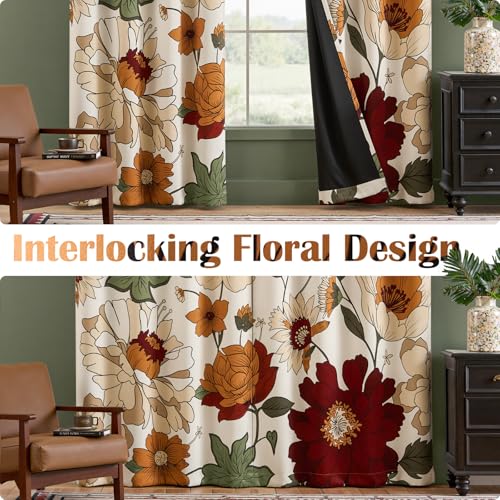 JINCHAN Lora Vintage Floral Blackout Curtains for Bedroom Mid Century Bohemian Room Darkening Drape Flower Patterned Curtains 84 Inches Long Grommet Window Drapes Set 2 Panels Beige