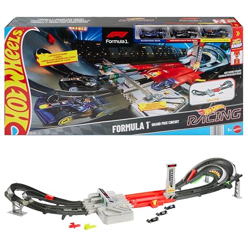 Hot Wheels Spielzeugauto-Trackset, Formel 1 Grand Prix-Rennstrecke-Trackset mit 3 Die-Cast-Spielzeugautos im Maßstab 1:64 und zwei Rennmodi mit einem motorisierten Beschleuniger, JLB13