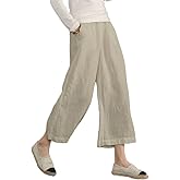 ECUPPER Womens Linen Cropped Pants Loose Casual Capri Cotton Wide Leg Plus Size Elastic Waist with Drawstring Trouses