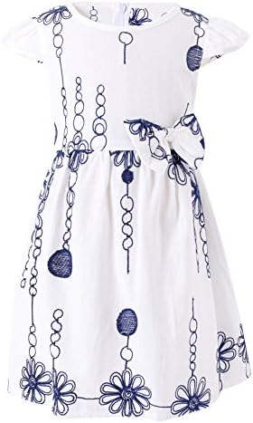 SMILING PINKER Baby Toddler Girls Flower Dress Bow Cotton Casual Flare Dresses (White 1, 1-2t)