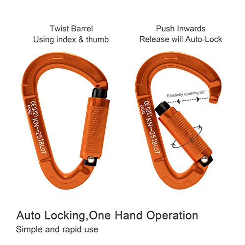 FVW Auto Locking Rock Climbing Carabiner Clips,Professional 25KN (5620 lbs) Heavy Duty Caribeaners for Rappelling Swing Rescue & Gym etc, Large Carabiners, D-Shaped (Orange) - Thumbnail 3