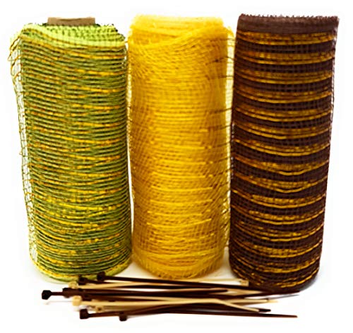 Fall Thanksgiving Decorative 5 Yard Mesh Rolls (Pack of 3) for Crafting Wreaths and Zip Ties for Securing Mesh to Frames (Dark Brown, Gold, Green) - Thumbnail 4