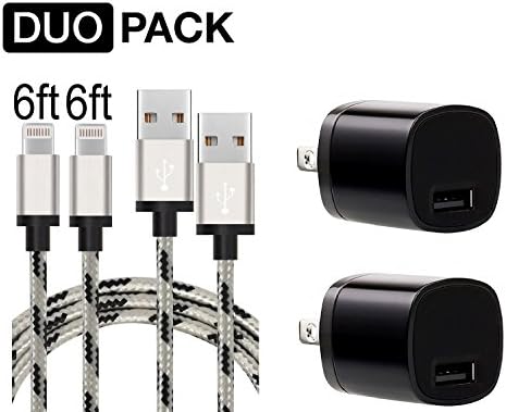 Chargers, 2-Pack 5W 1A USB Power Wall Charger with 2-Pack 6 Feet / 2 Meter Lightning to USB Cable (Black)