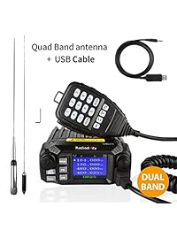 Radioddity DB25 Pro Mini correa cuádruple doble para autos de espera con carro móvil, VHF UHF 144 440 MHz, 25W Transceptor de vehículo con cable y CD + 50W Antena de correa cuádruple de alta ganancia