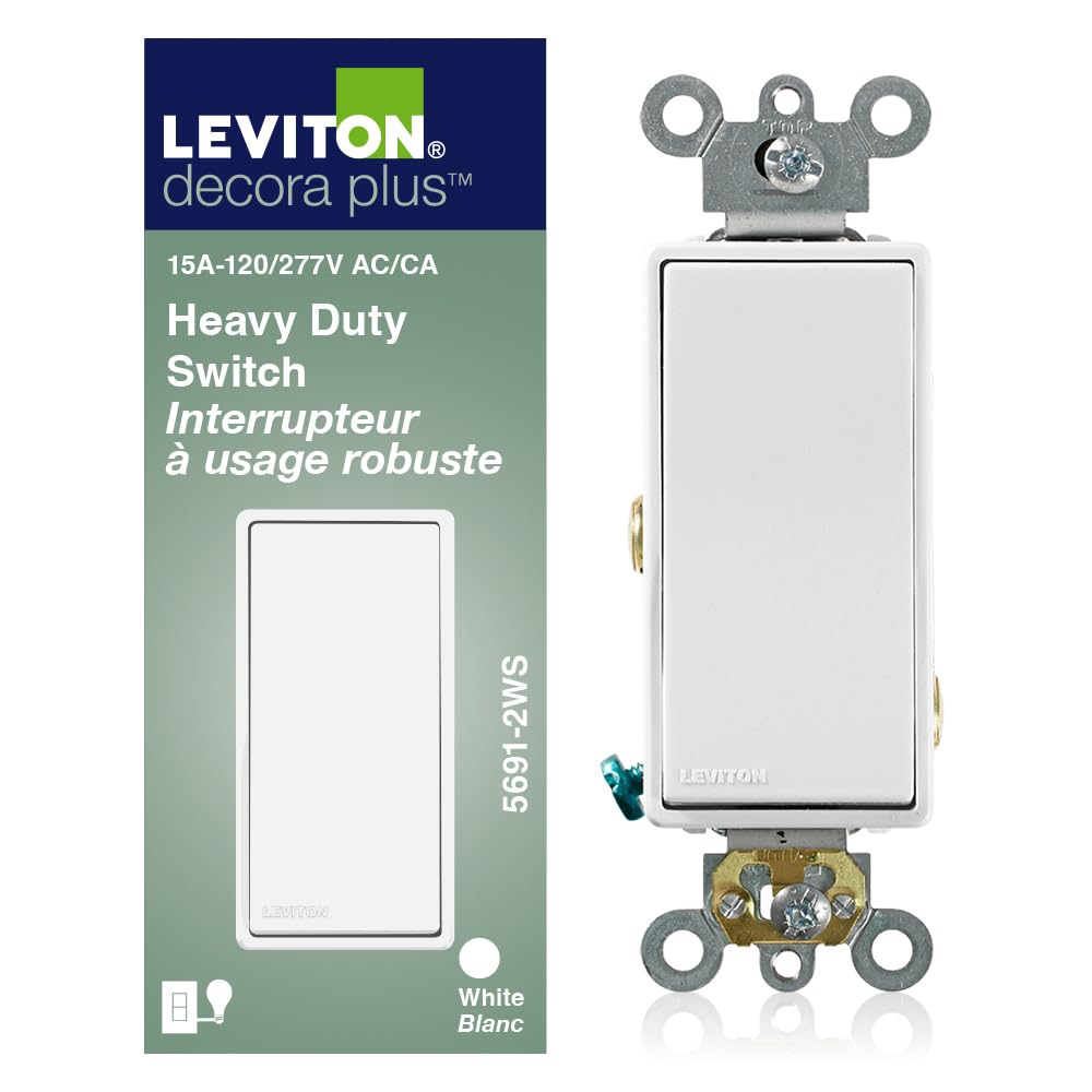 Photo 1 of Leviton 15 Amp, 120/277 Volt, Decora Plus Rocker Single-Pole AC Quiet Switch, Commercial Grade, 5691-2W, White