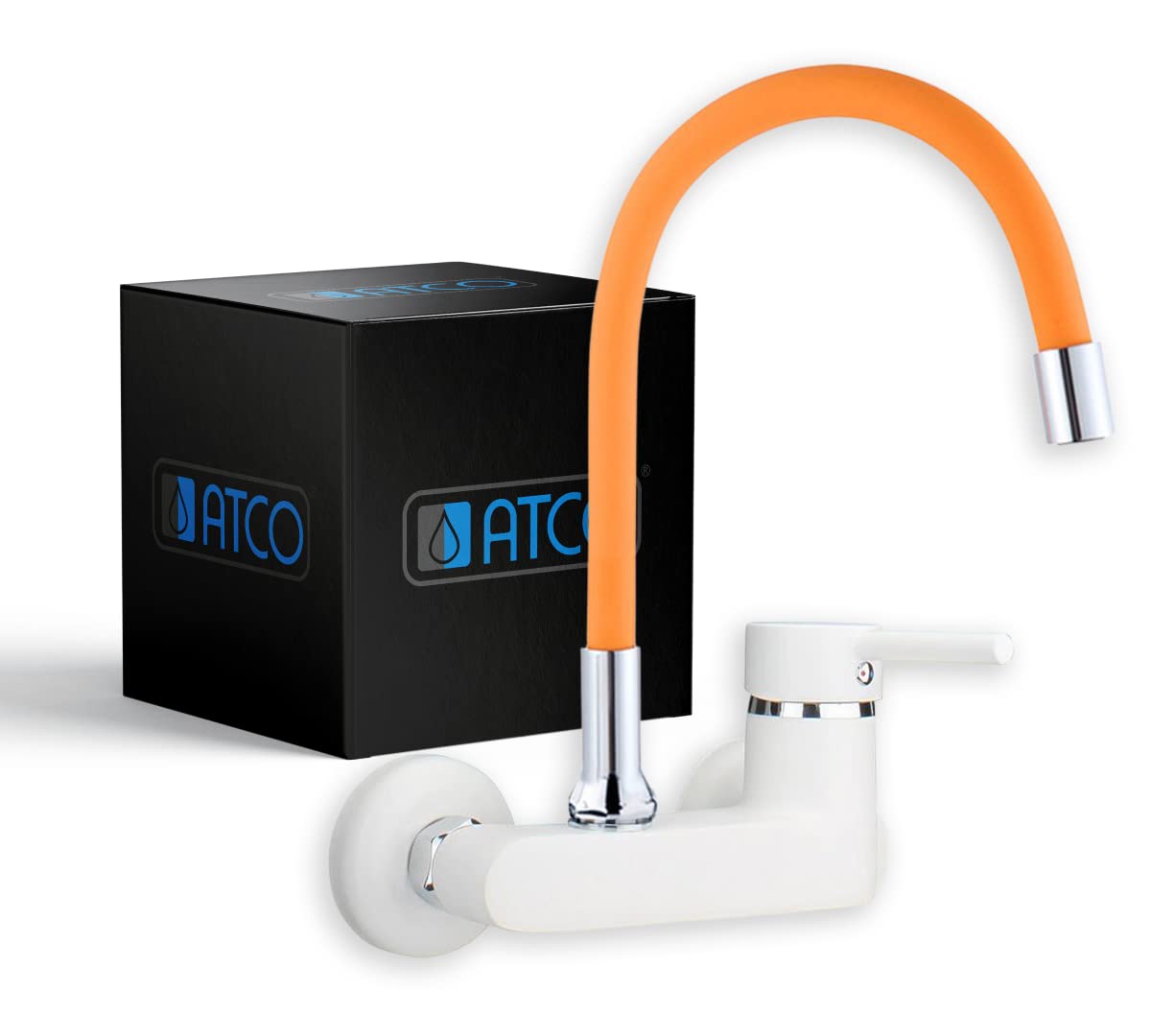 Flexo Wall-Mounted Kitchen Sink Mixer Tap Flexible Spout Kitchen Tap Washbasin Tap Fitting Wall Mounted Kitchen Sink Spout Basin Garden Catering EHM Single Lever White / Orange