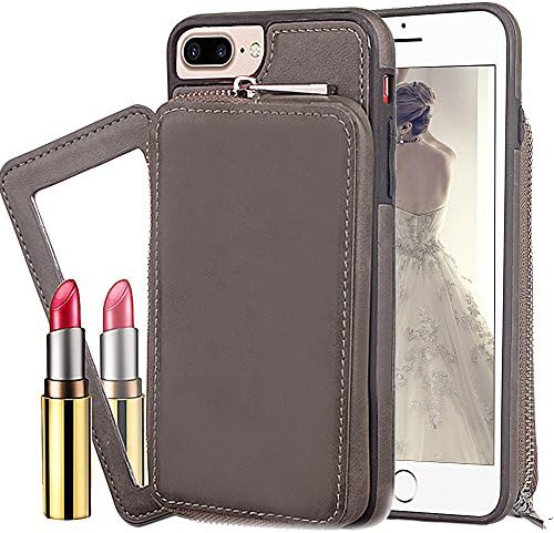 iphone 7 Case,OTRON iphone 8 Zipper PU Leather Wallet Credit Card Holder ID Slot Shockproof Hybrid Rubber Bumper Cover With Hidden Mirror &amp; Purse For Apple iphone 8 [4.7 inch](Gray)