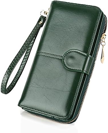 Womens Wallet RFID Blocking Leather Purse Large Capacity Luxry Waxed Clutch Handbag Bifold Multi Card Organizer Wristlet Strap - Laimi Duo (Dark Green)
