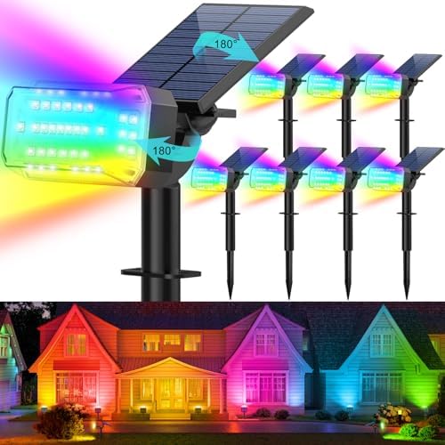 Photo 1 of Kipeini Solar Spot Lights Outdoor Waterproof IP65,[49 LEDs/8 Pack] RGB Christmas 7 Modes Color Changing Solar Spotlights, Adjustable Landscape Flood Powered Lights for Yard Garden Pathway(Multicolor)