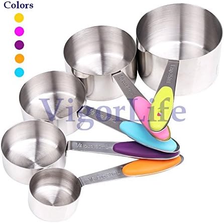 Vigorlife Kitchen Stainless Steel Measuring Spoons and Cups with Colorful Silicone Handle Grip for Dry & Liquid Ingredients used for Baking and Cooking (5 Pieces)